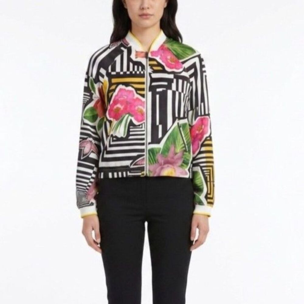 Cristina Gavioli Black White Geo Vibrant Floral Zip Bomber Jacket Size US 8